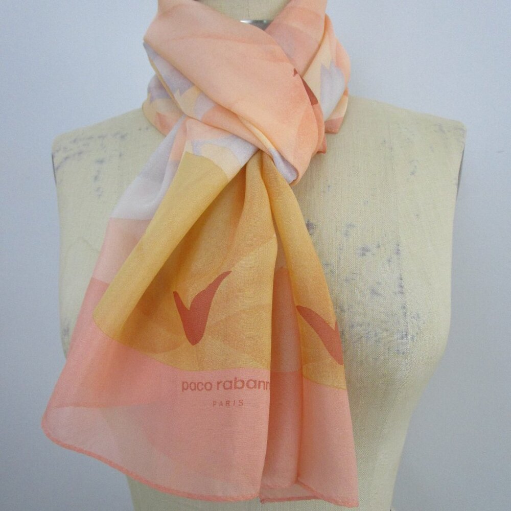 Silk Rayon Sheer Scarf Wrap Vintage 1980s Oblong Peach Gold G